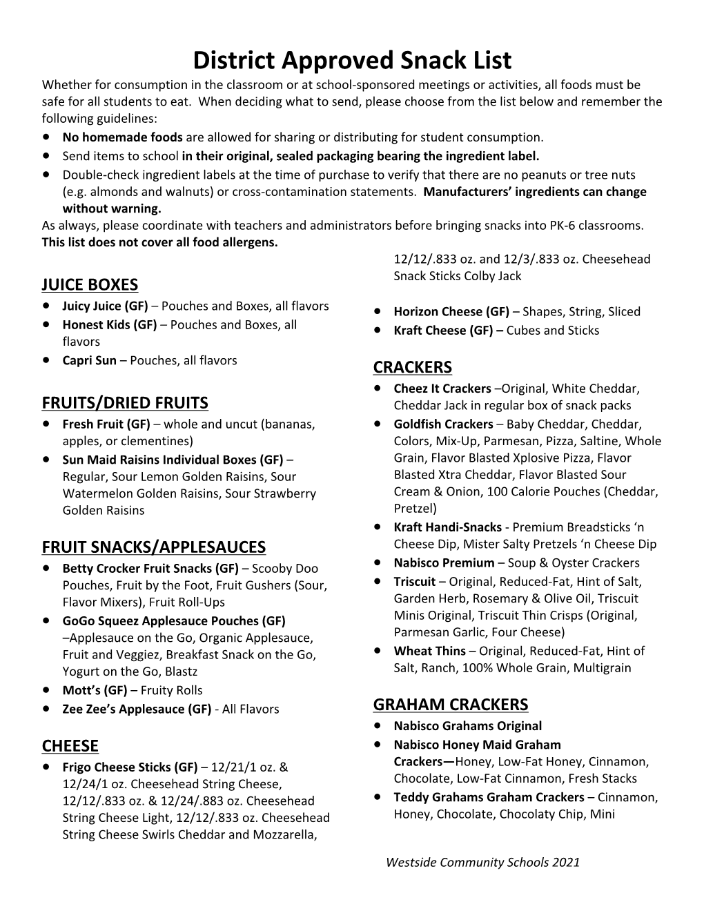 District Approved Snack List Whether for Consumption in the Classroom Or at School-Sponsored Meetings Or Activities, All Foods Must Be Safe for All Students to Eat