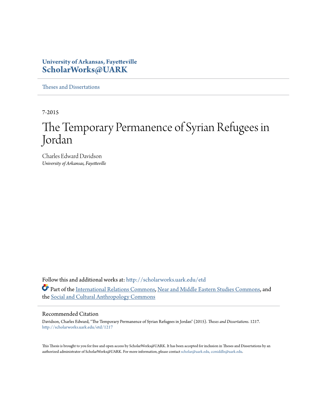 The Temporary Permanence of Syrian Refugees in Jordan the Temporary Permanence of Syrian Refugees in Jordan
