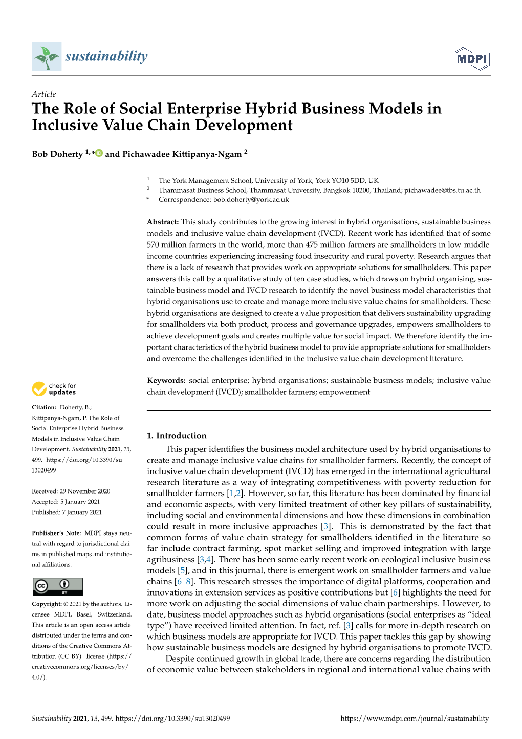 The Role of Social Enterprise Hybrid Business Models in Inclusive Value Chain Development