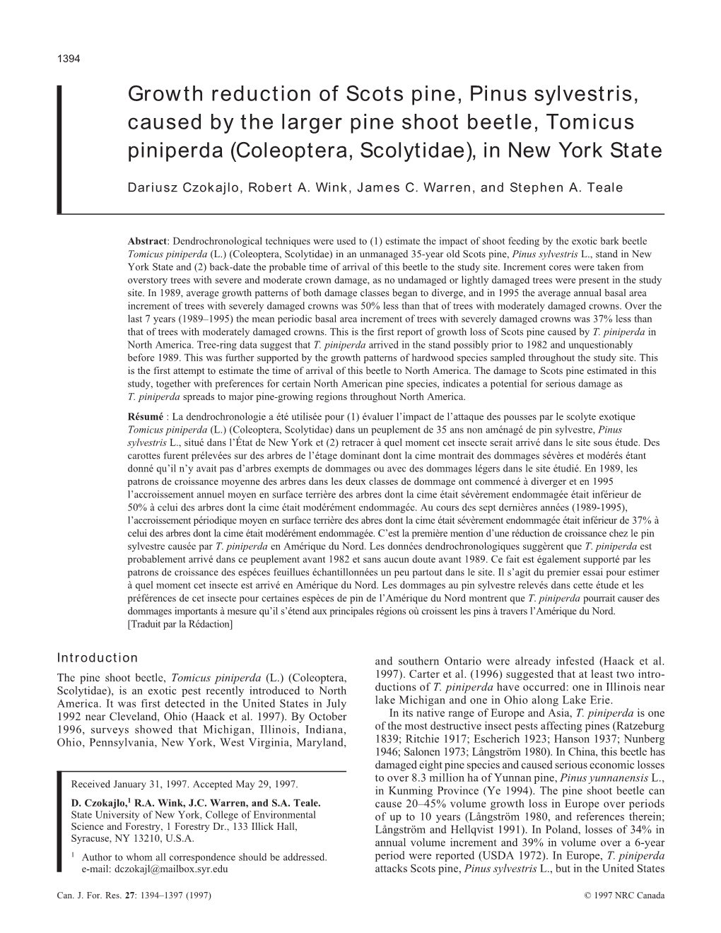 Growth Reduction of Scots Pine, Pinus Sylvestris, Caused by the Larger Pine Shoot Beetle, Tomicus Piniperda (Coleoptera, Scolytidae), in New York State