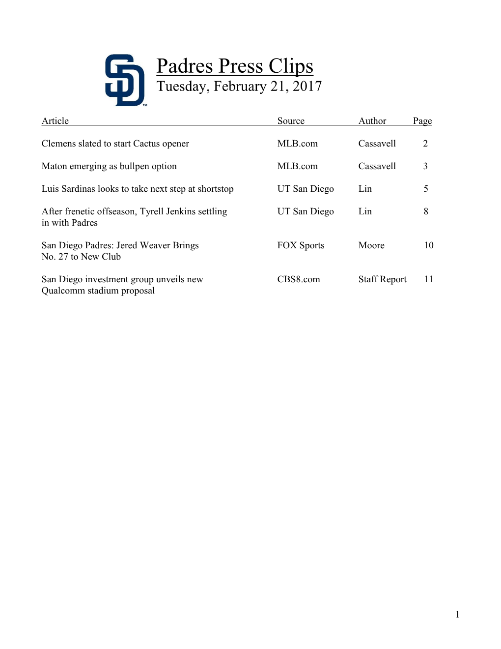 Padres Press Clips Tuesday, February 21, 2017