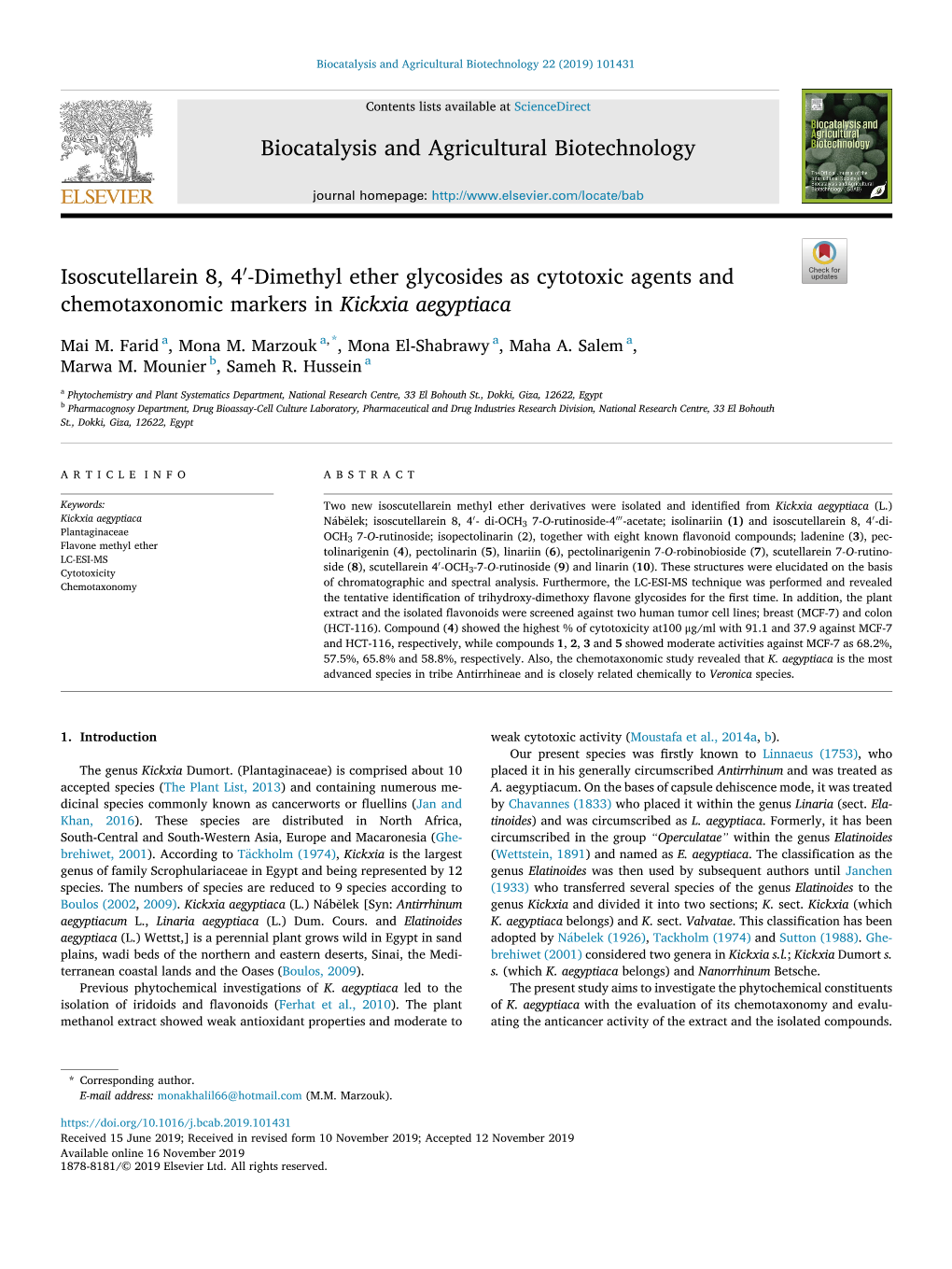 Dimethyl Ether Glycosides As Cytotoxic Agents and Chemotaxonomic Markers in Kickxia Aegyptiaca