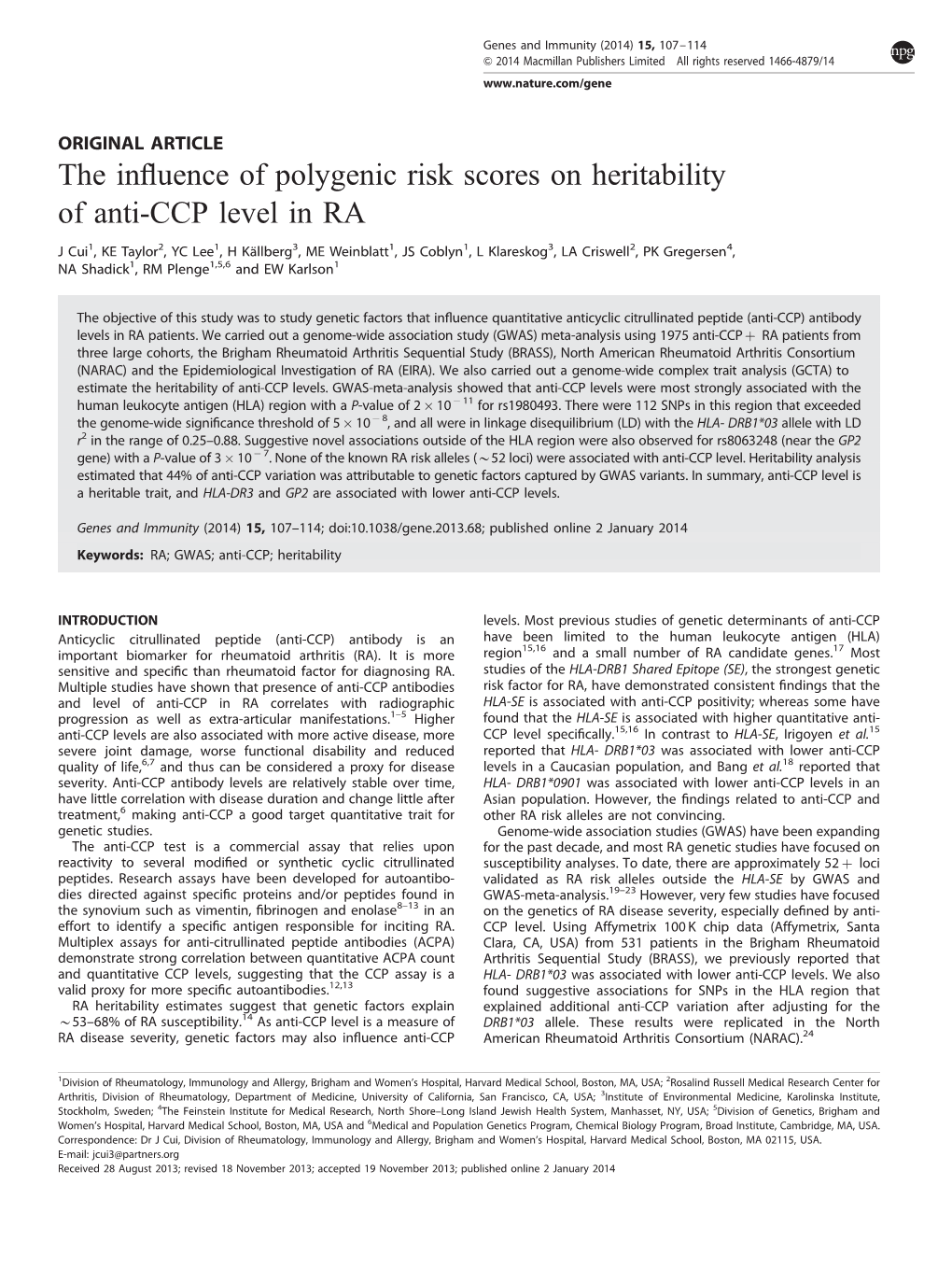The Influence of Polygenic Risk Scores on Heritability of Anti-CCP Level in RA