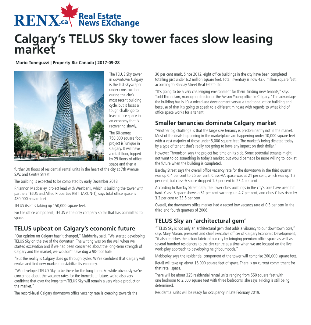 Calgary's TELUS Sky Tower Faces Slow Leasing Market