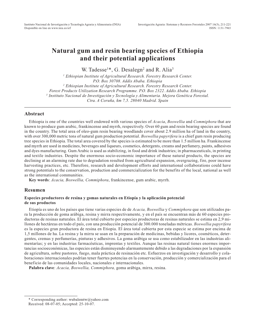 Natural Gum and Resin Bearing Species of Ethiopia and Their Potential Applications W