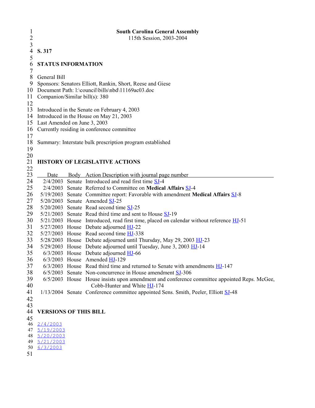 2003-2004 Bill 317: Interstate Bulk Prescription Program Established - South Carolina