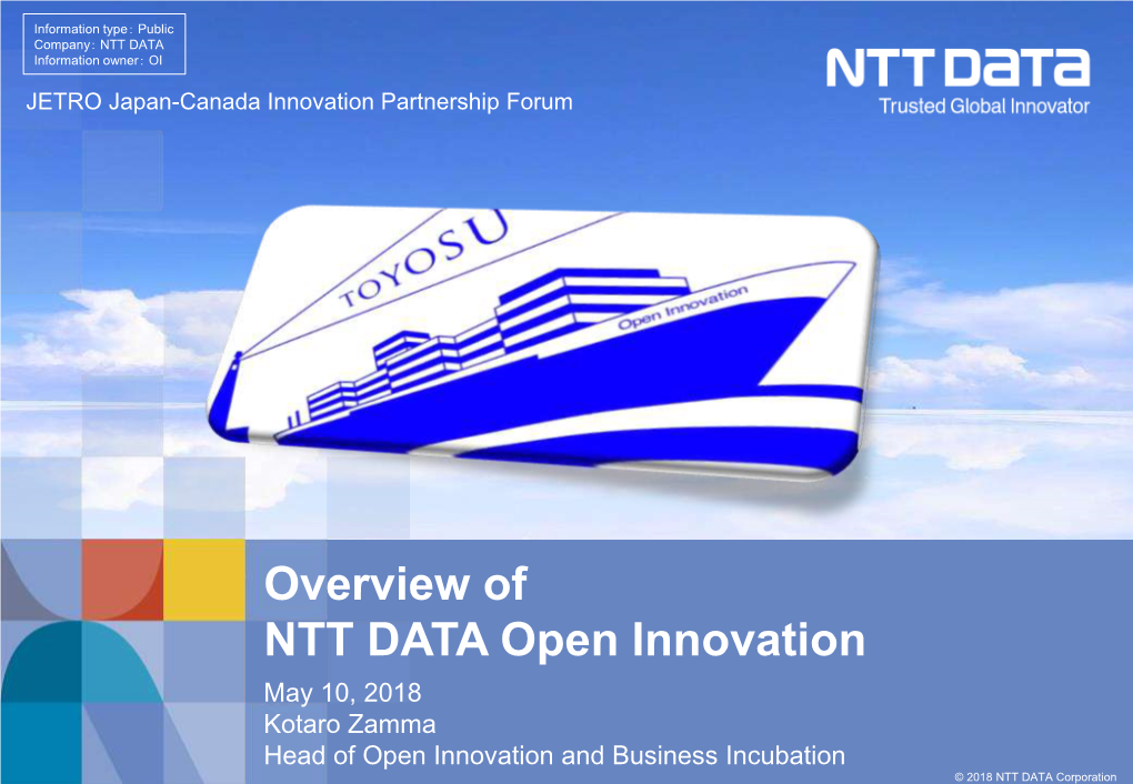 Overview of NTT DATA Open Innovation May 10, 2018 Kotaro Zamma Head of Open Innovation and Business Incubation © 2018 NTT DATA Corporation NTT DATA’S Open Innovation