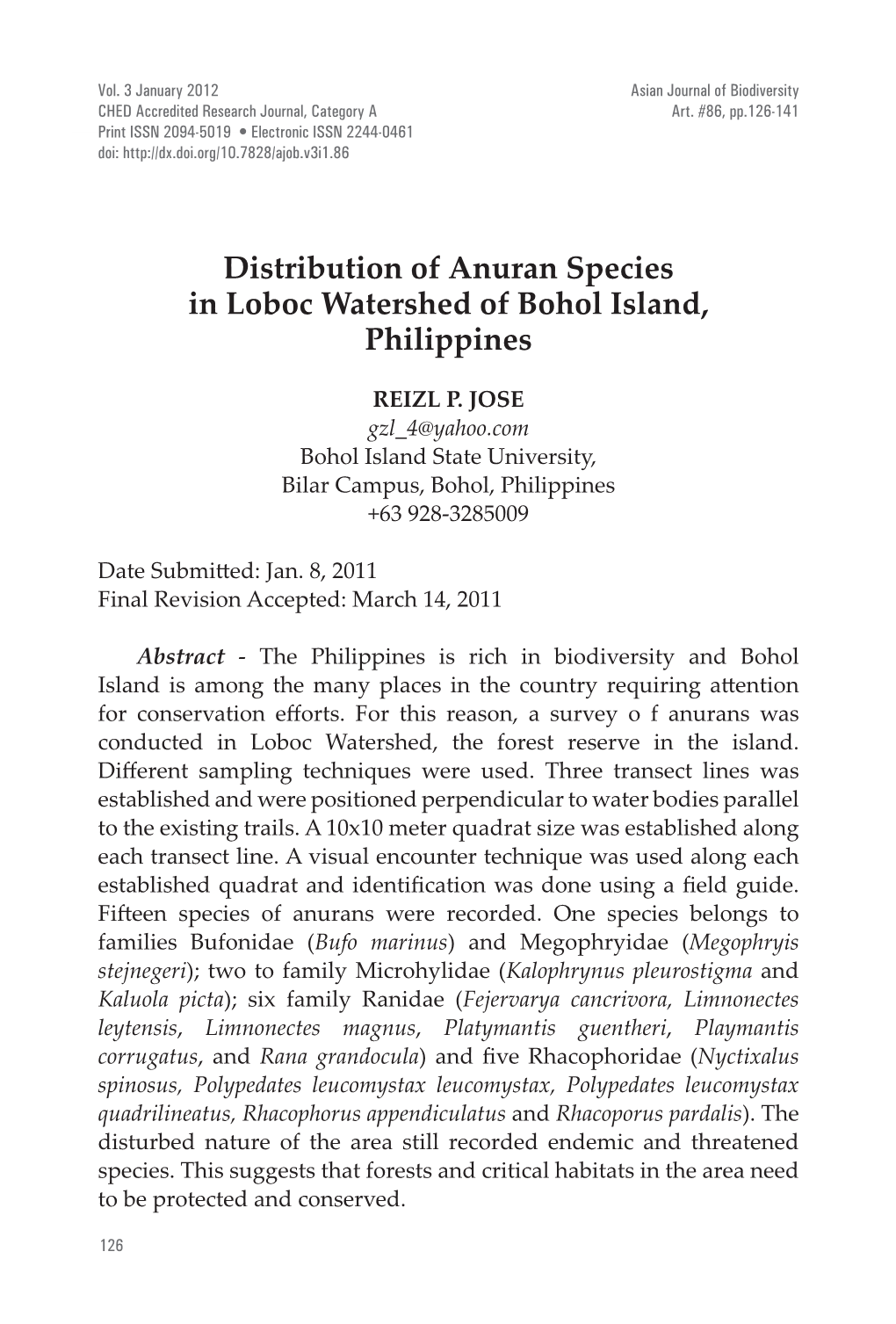 Distribution of Anuran Species in Loboc Watershed of Bohol Island, Philippines