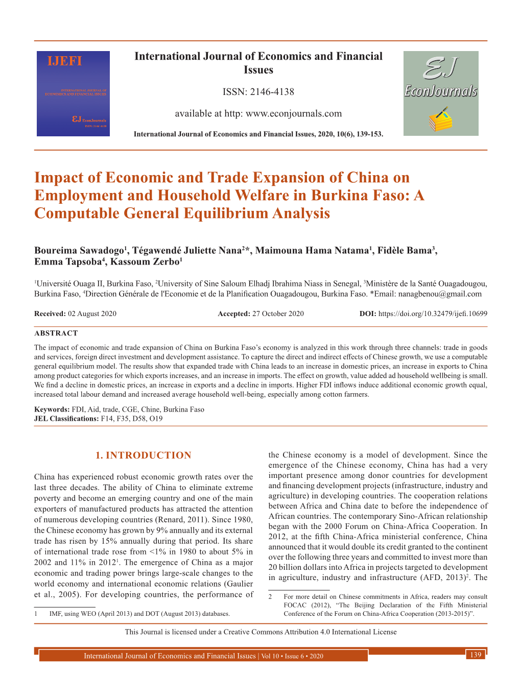 Impact of Economic and Trade Expansion of China on Employment and Household Welfare in Burkina Faso: a Computable General Equilibrium Analysis