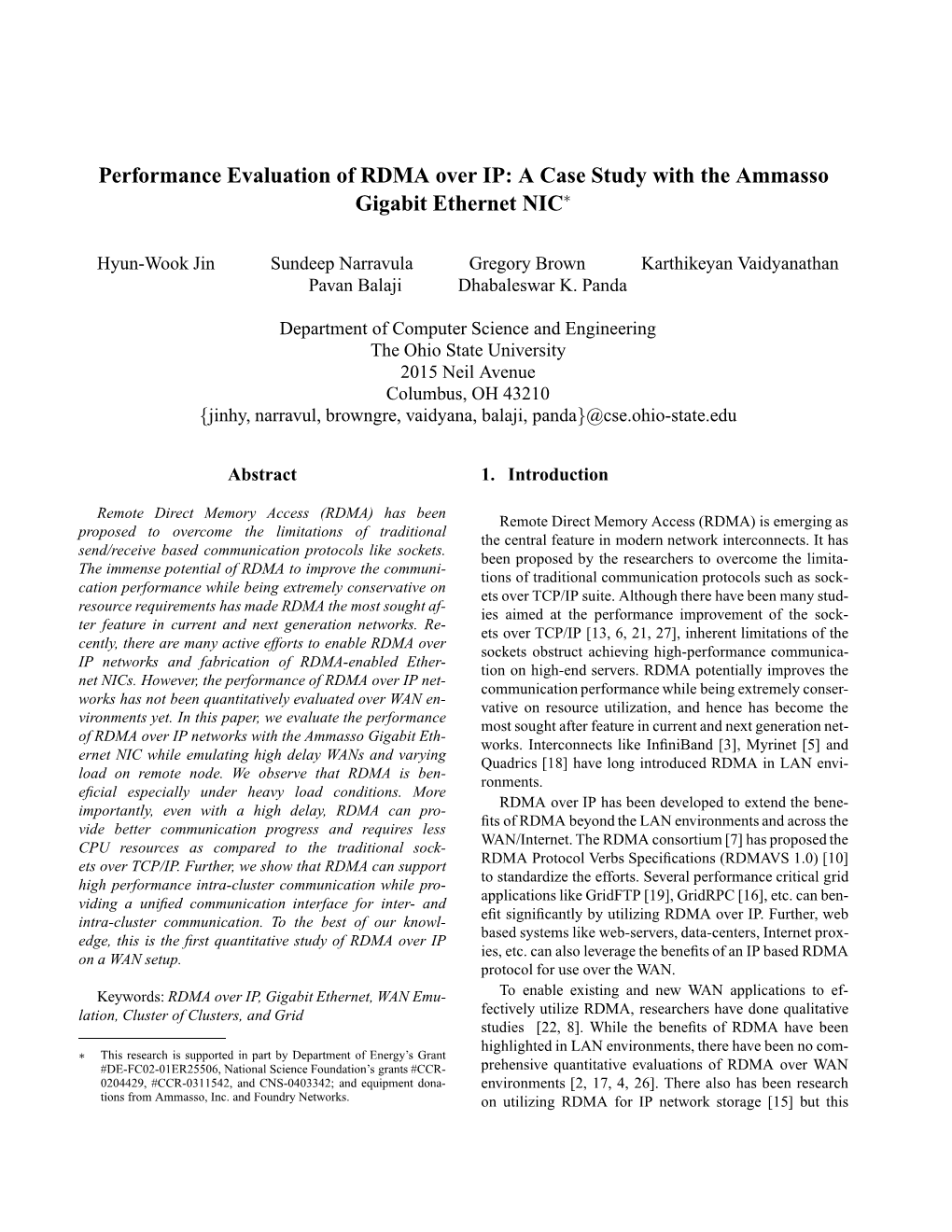 Performance Evaluation of RDMA Over IP: a Case Study with the Ammasso Gigabit Ethernet NIC∗