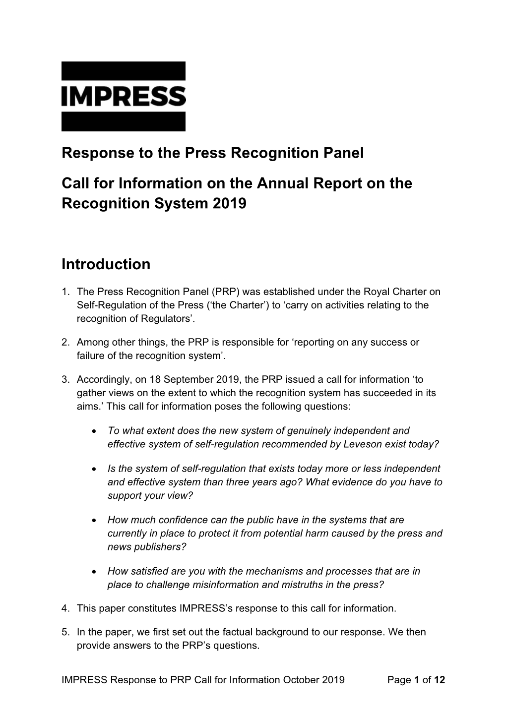 Response to the Press Recognition Panel Call for Information on the Annual Report on the Recognition System 2019