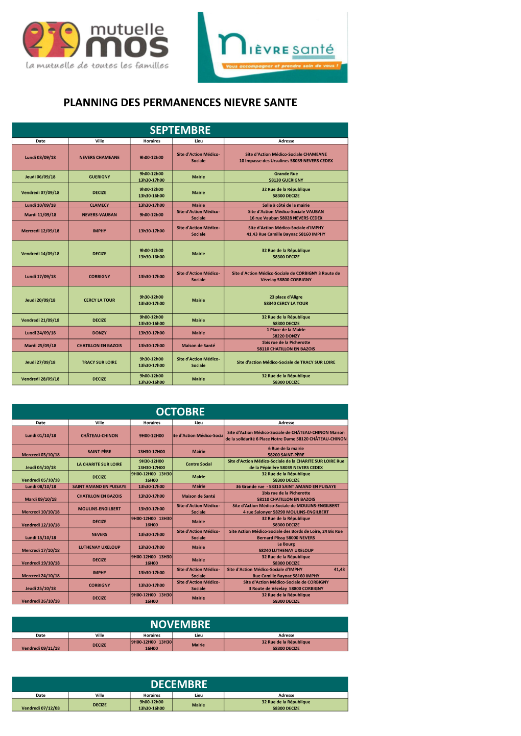 Planning Des Permanences Nievre Sante Septembre