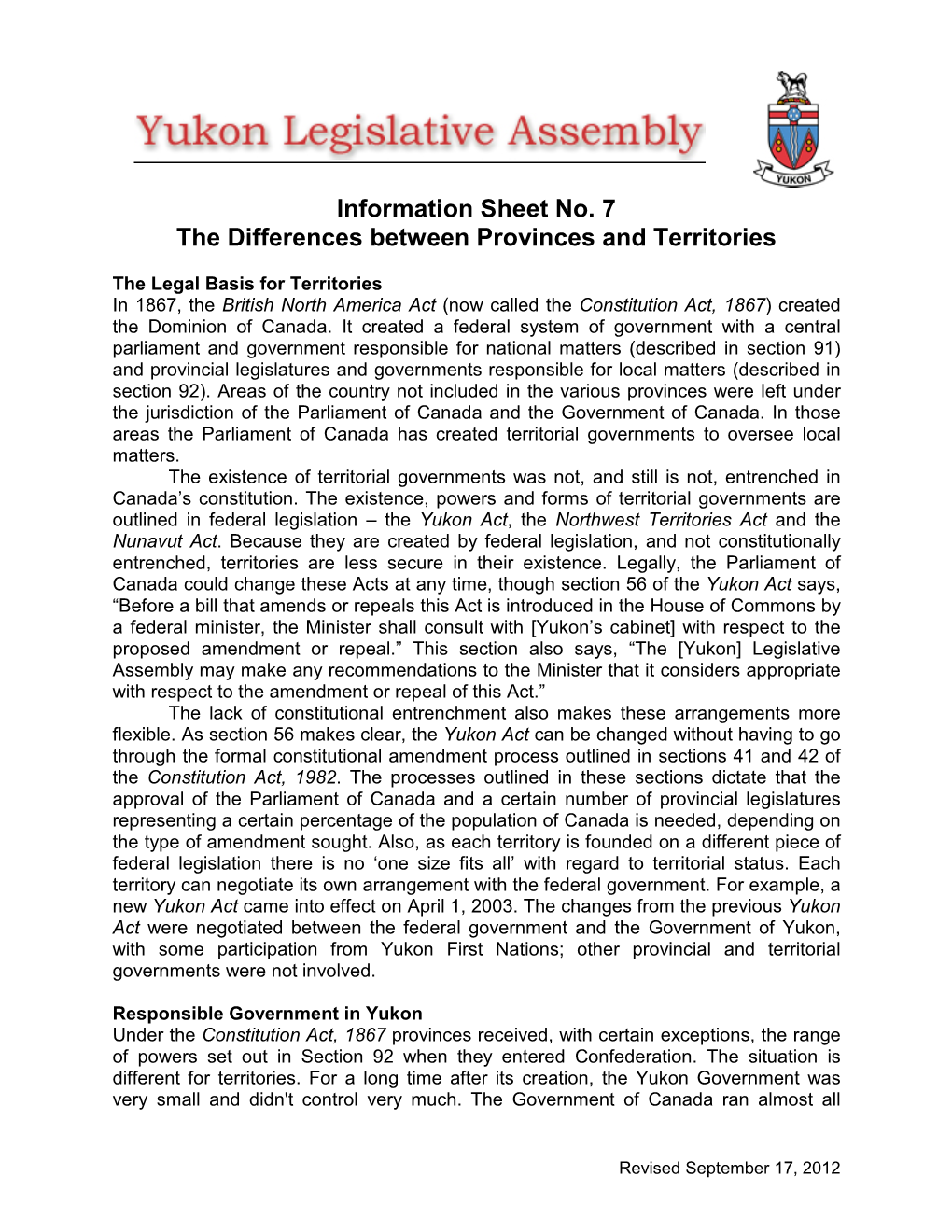 Information Sheet No. 7 the Differences Between Provinces and Territories