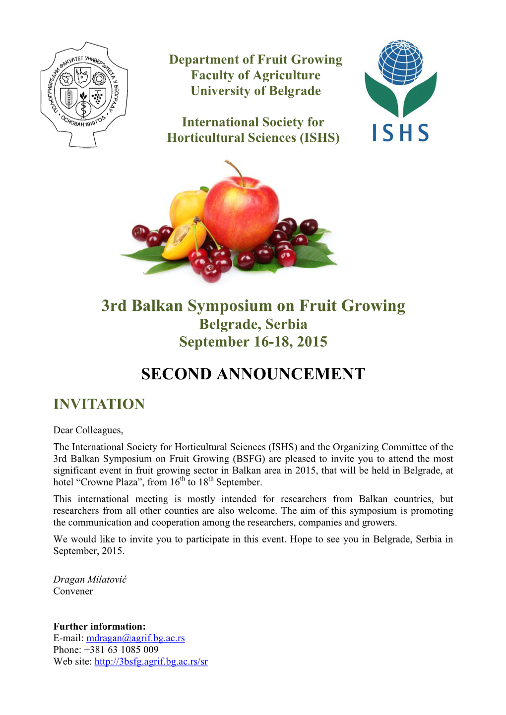 3Rd Balkan Symposium on Fruit Growing SECOND ANNOUNCEMENT