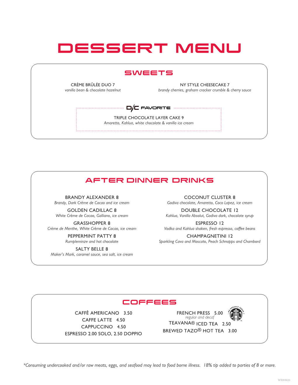 After Dinner Drinks & Dessert Menu