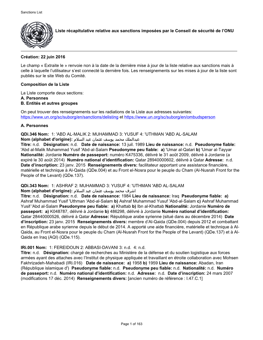 Liste Récapitulative Relative Aux Sanctions Imposées Par Le Conseil De Sécurité De L’ONU