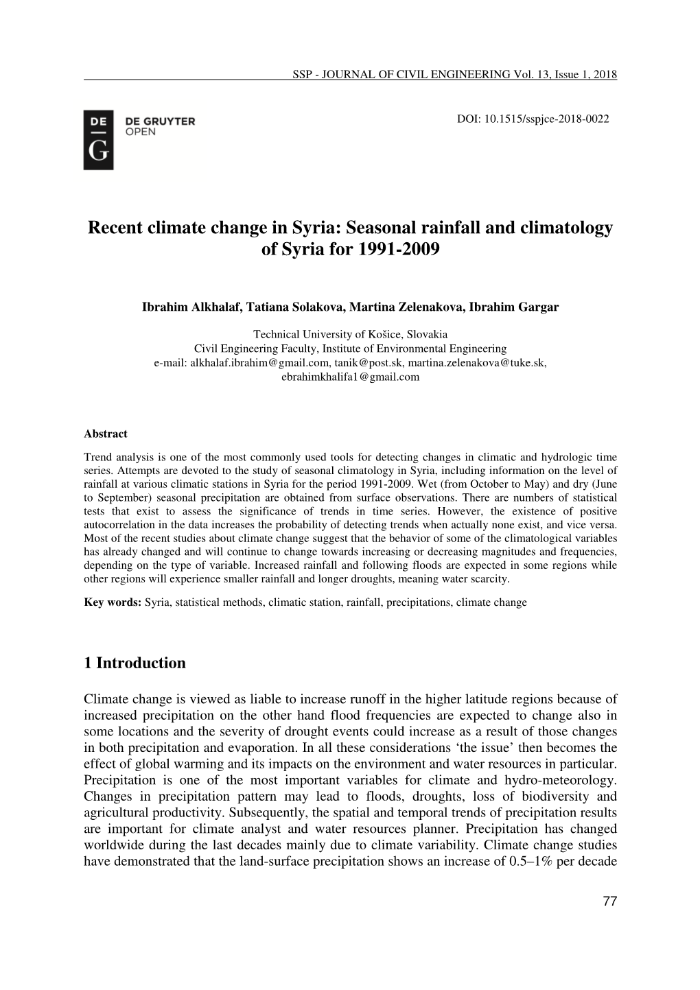 Recent Climate Change in Syria: Seasonal Rainfall and Climatology of Syria for 1991-2009