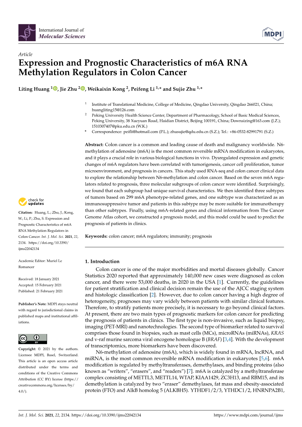 Expression and Prognostic Characteristics of M6a RNA Methylation Regulators in Colon Cancer