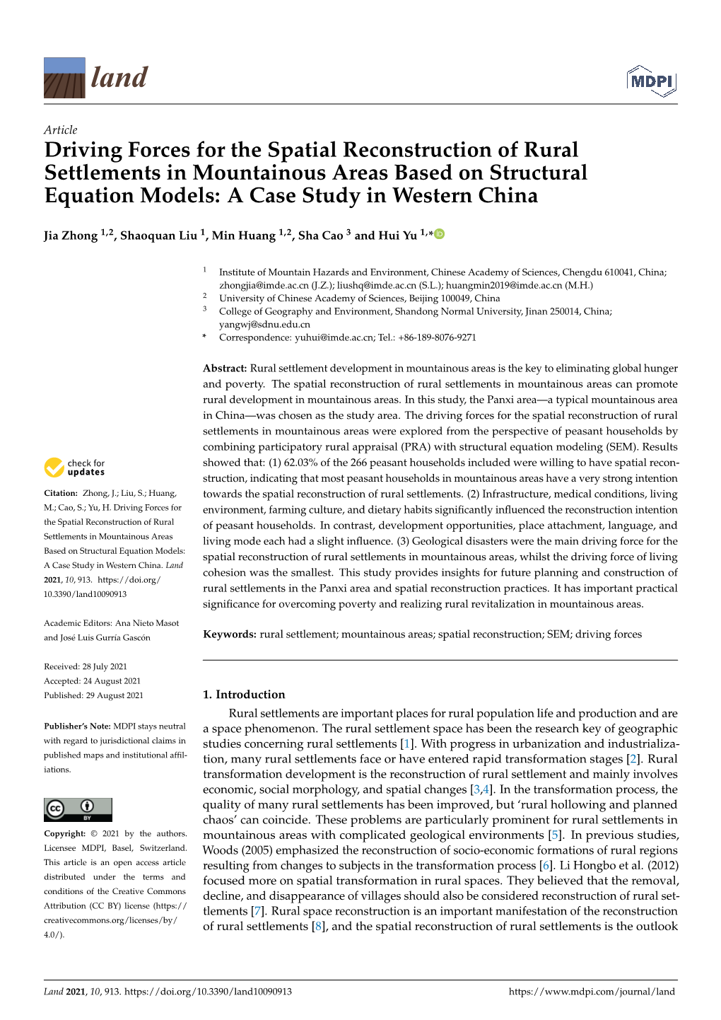 Driving Forces for the Spatial Reconstruction of Rural Settlements in Mountainous Areas Based on Structural Equation Models: a Case Study in Western China