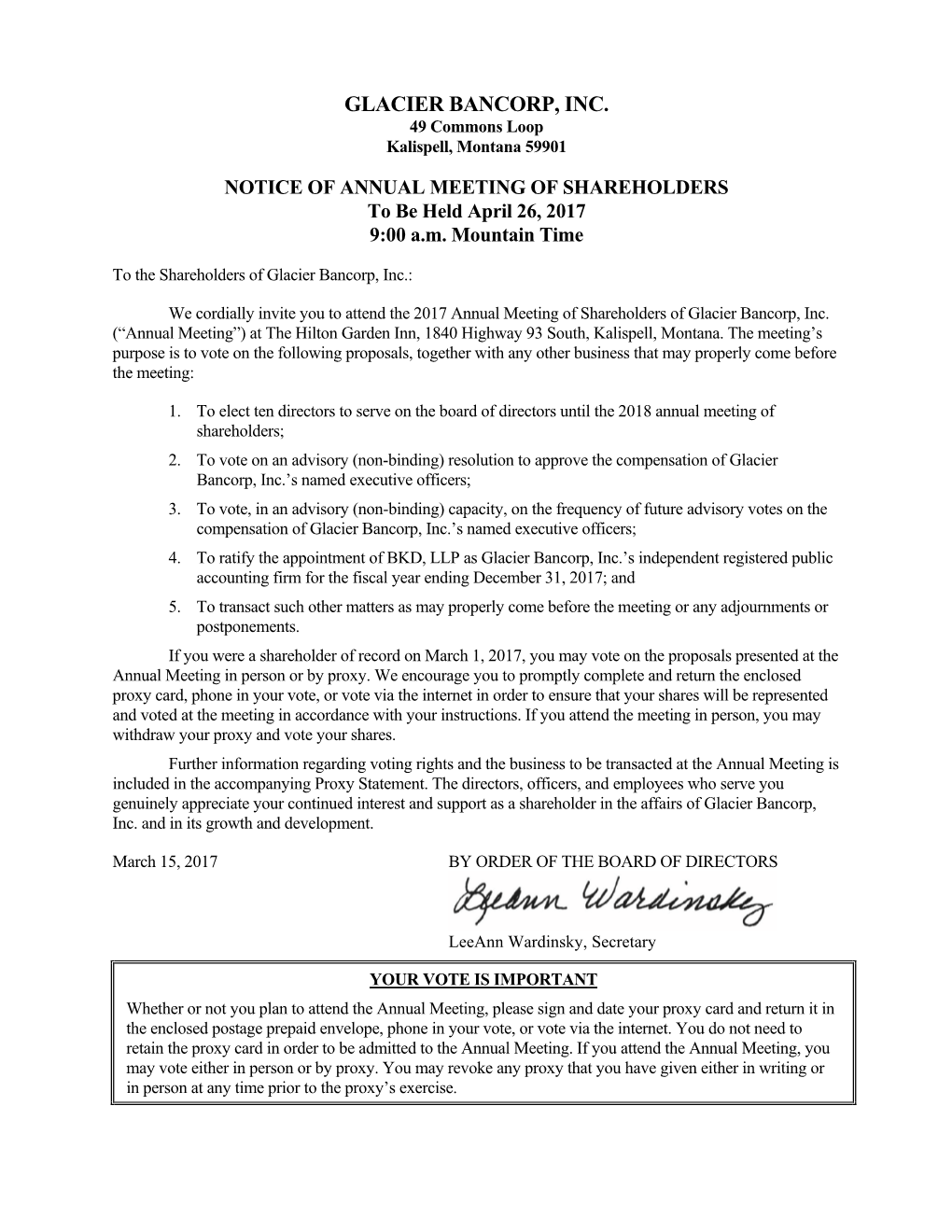GLACIER BANCORP, INC. 49 Commons Loop Kalispell, Montana 59901