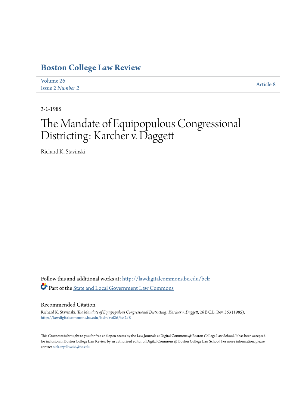 The Mandate of Equipopulous Congressional Districting: Karcher V