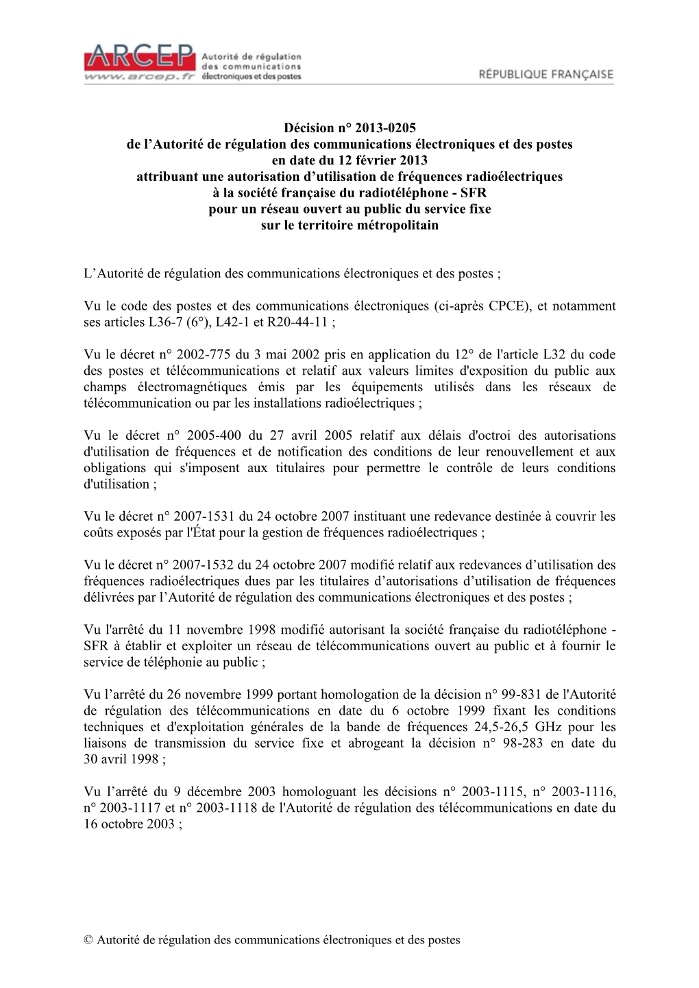 Décision N° 2013-0205 De L'arcep En Date Du 12 Février 2013 Attribuant