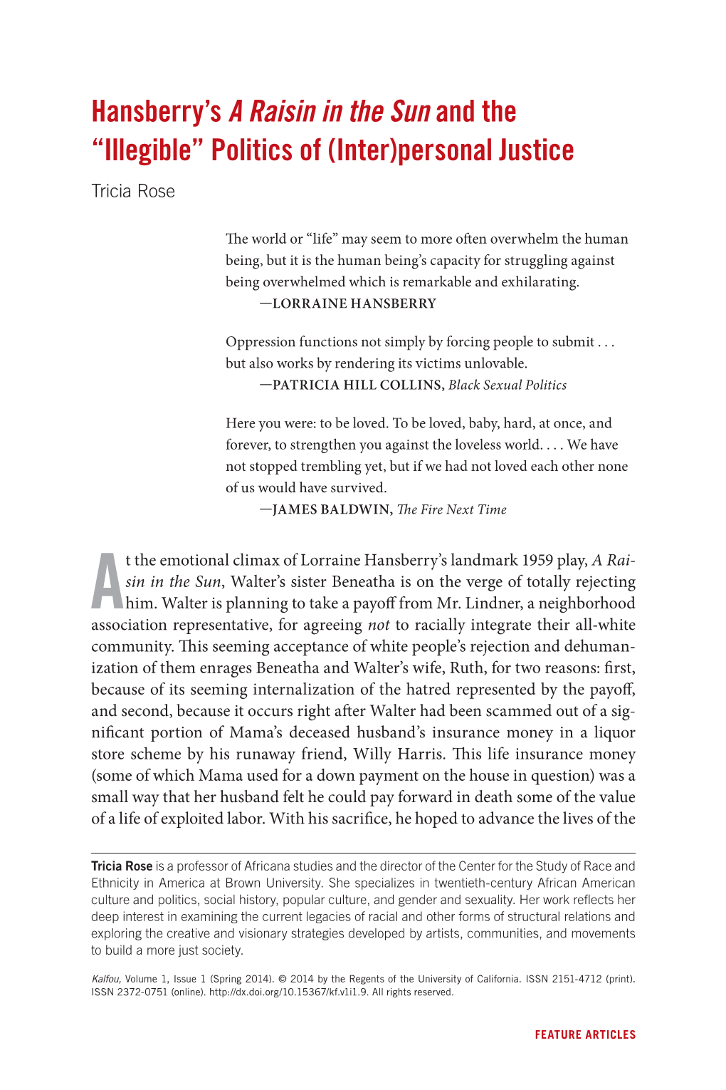 Hansberry's a Raisin in the Sun and the Illegible Politics of (Inter)Personal Justice