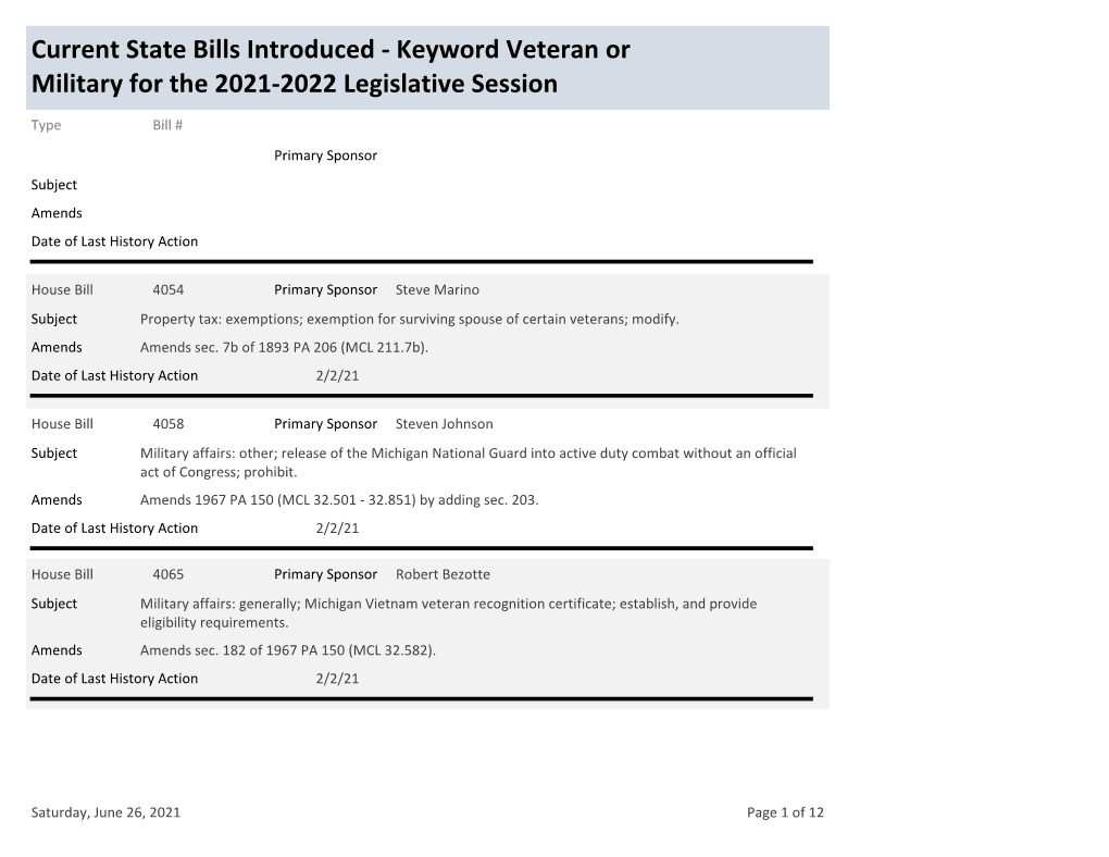 Keyword Veteran Or Military for the 2021-2022 Legislative Session