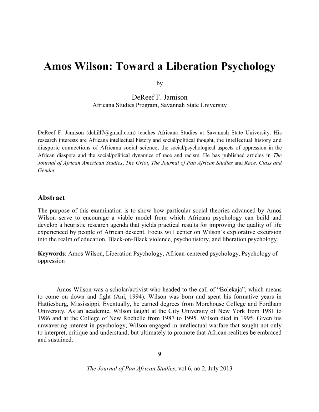Amos Wilson: Toward a Liberation Psychology