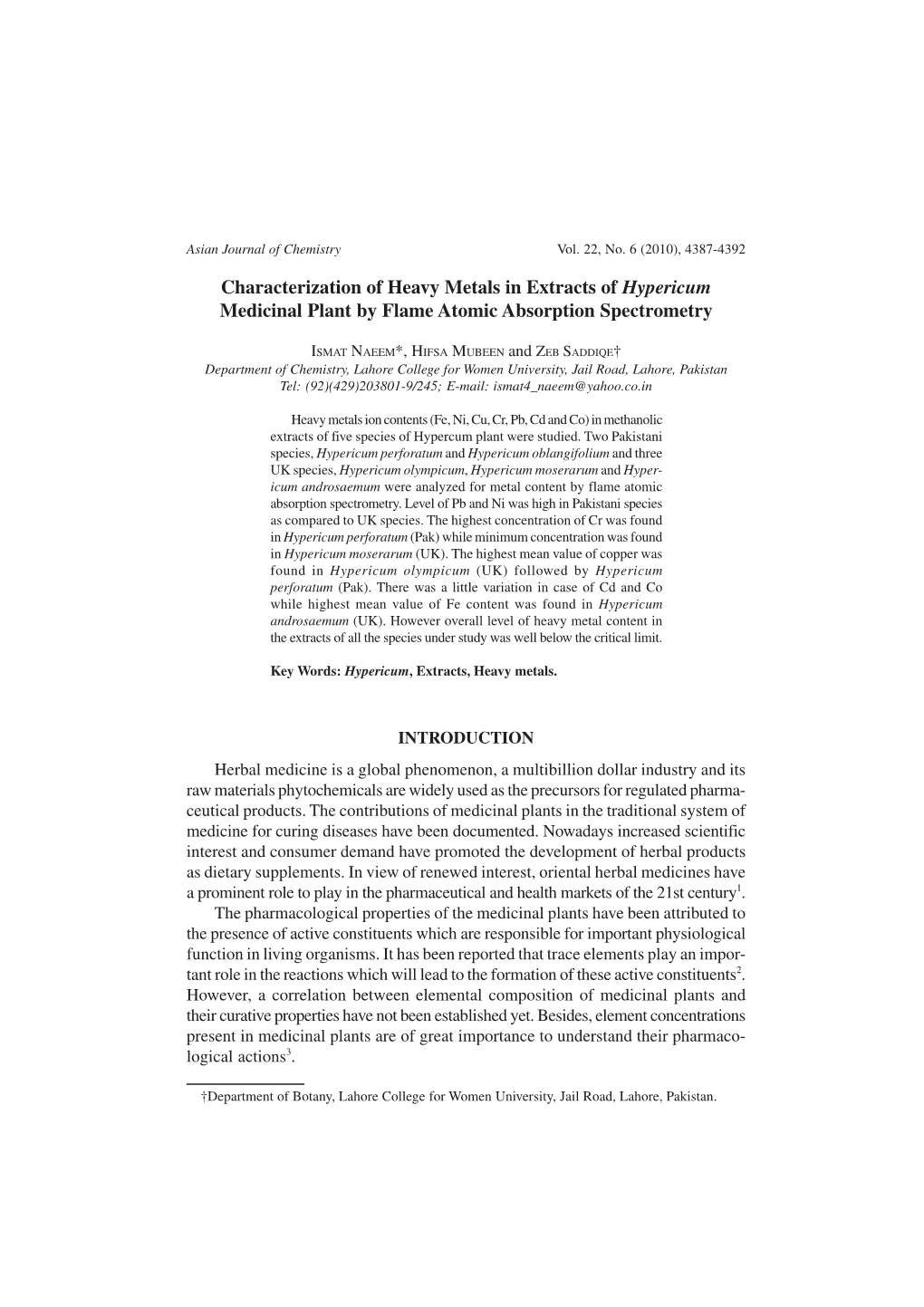 Characterization of Heavy Metals in Extracts of Hypericum Medicinal Plant by Flame Atomic Absorption Spectrometry