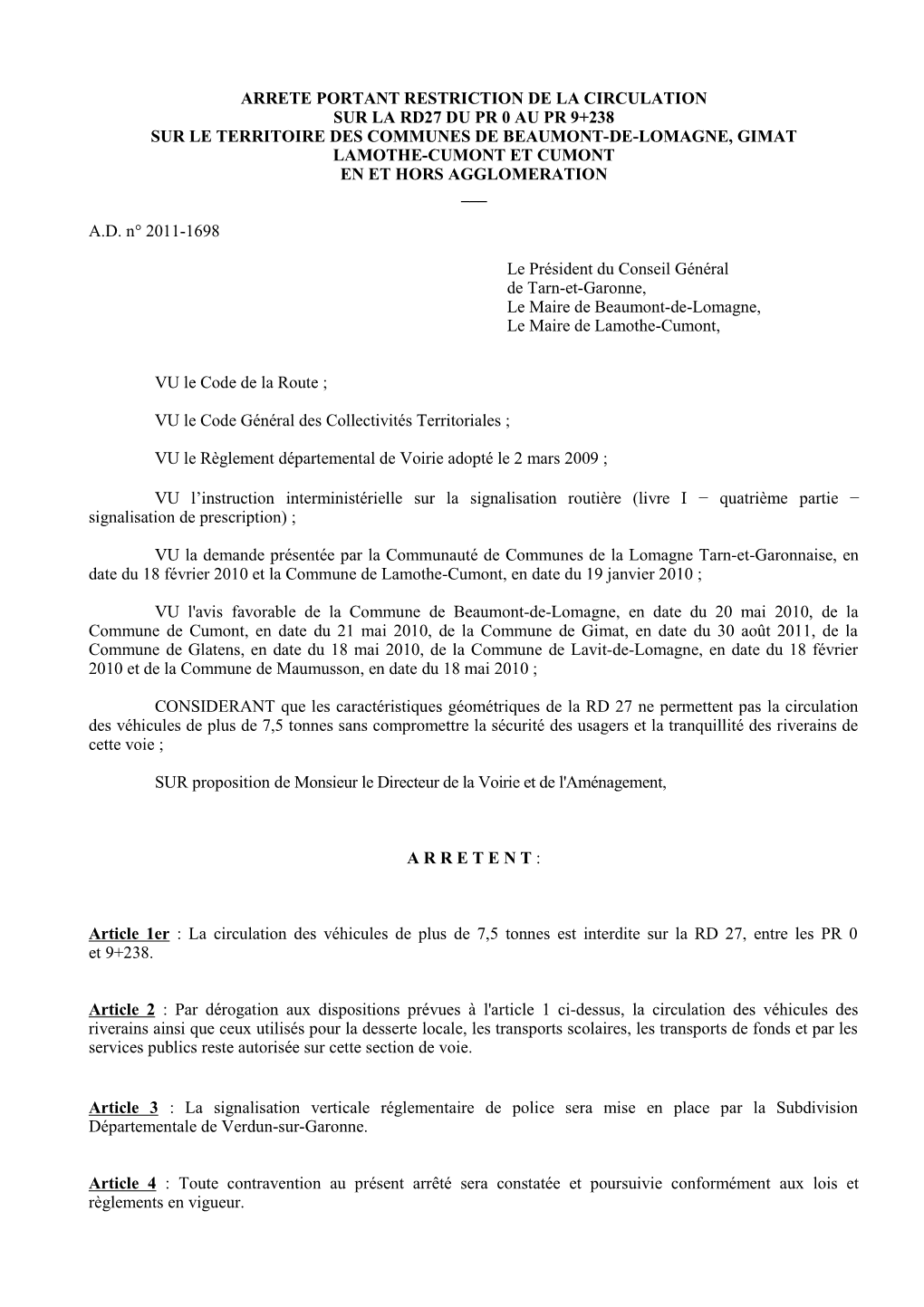 Arrete Portant Restriction De La Circulation Sur La