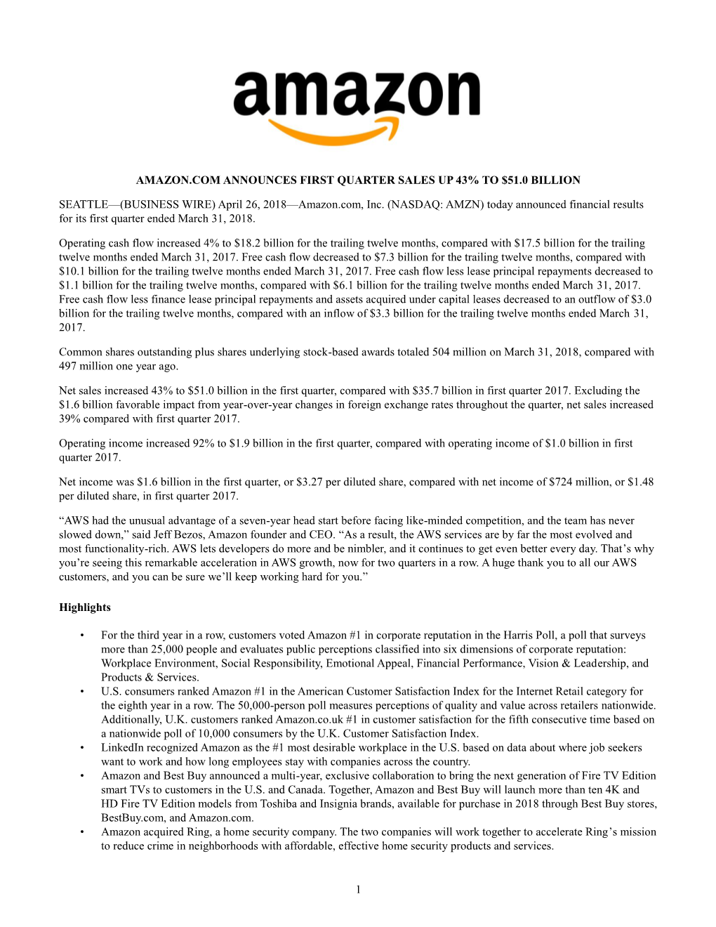 April 26, 2018—Amazon.Com, Inc. (NASDAQ: AMZN) Today Announced Financial Results for Its First Quarter Ended March 31, 2018