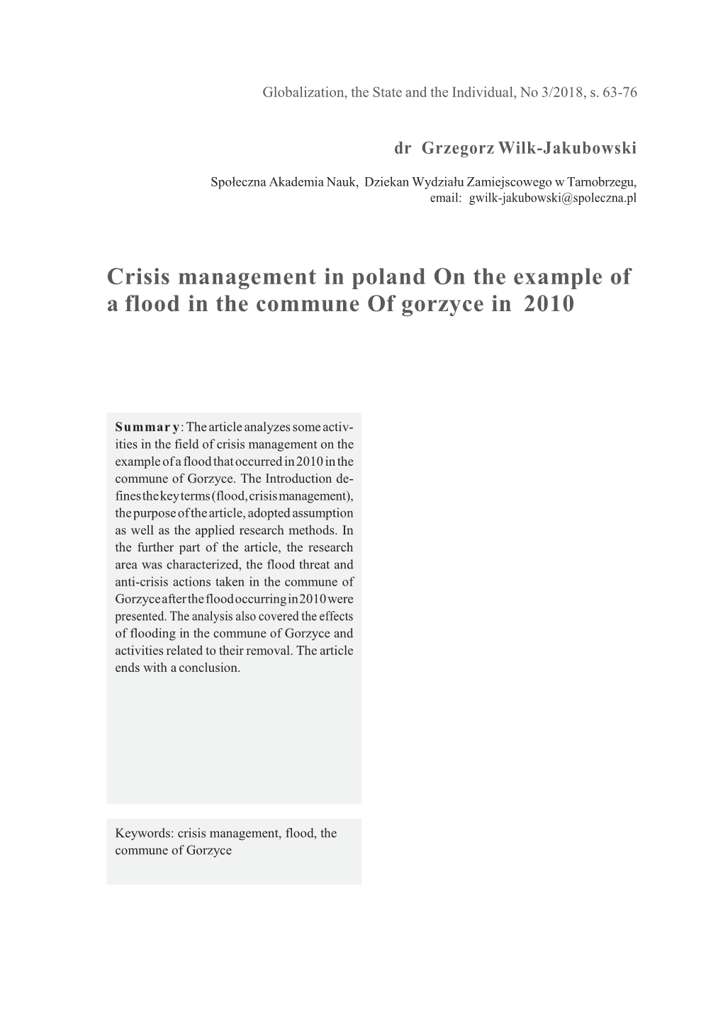 Crisis Management in Poland on the Example of a Flood in the Commune of Gorzyce in 2010