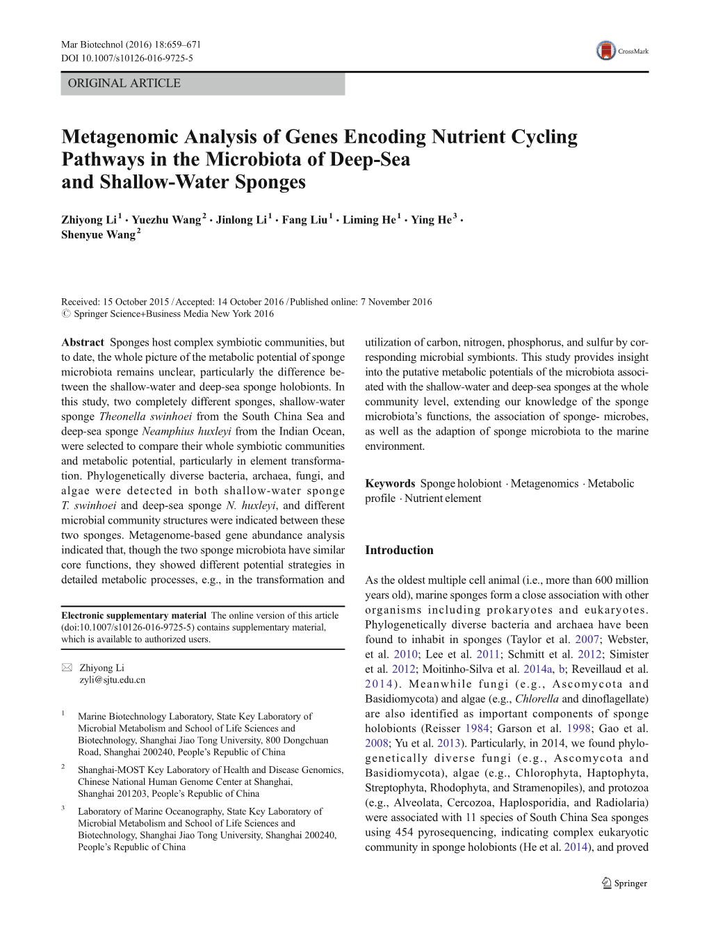 Metagenomic Analysis of Genes Encoding Nutrient Cycling Pathways in the Microbiota of Deep-Sea and Shallow-Water Sponges