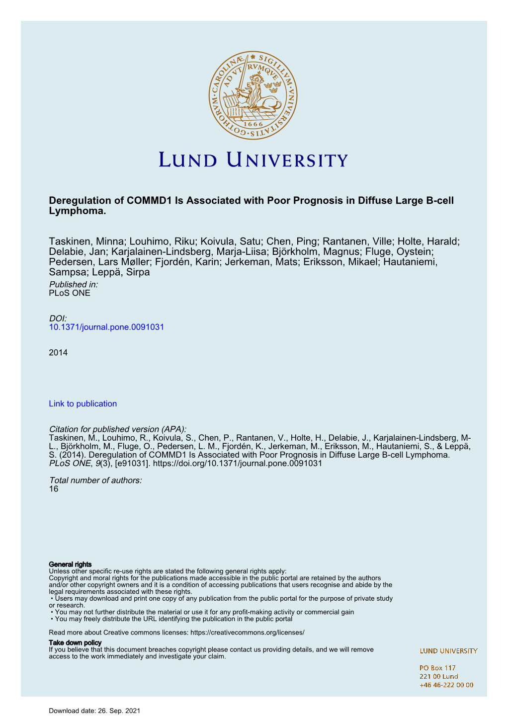 Deregulation of COMMD1 Is Associated with Poor Prognosis in Diffuse Large B-Cell Lymphoma