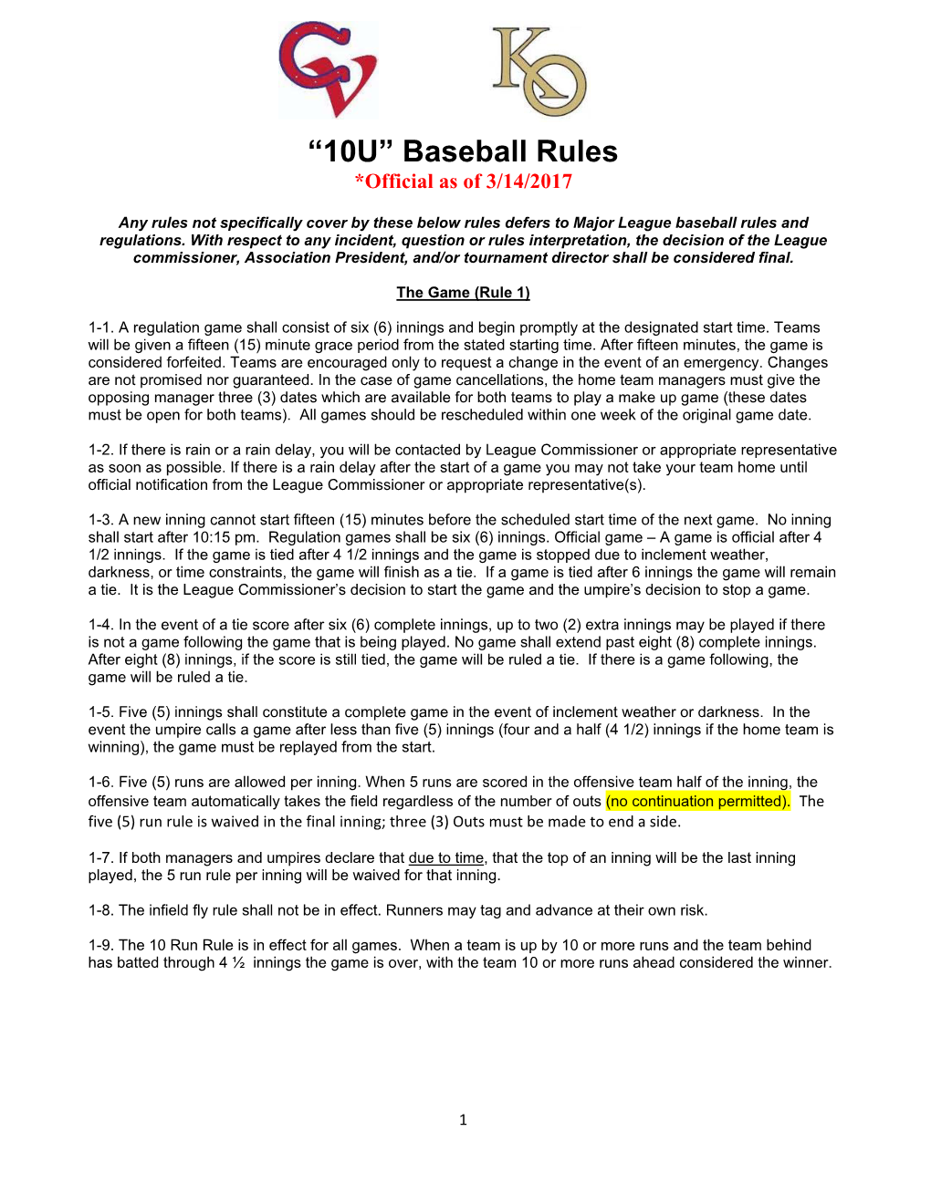“10U” Baseball Rules *Official As of 3/14/2017