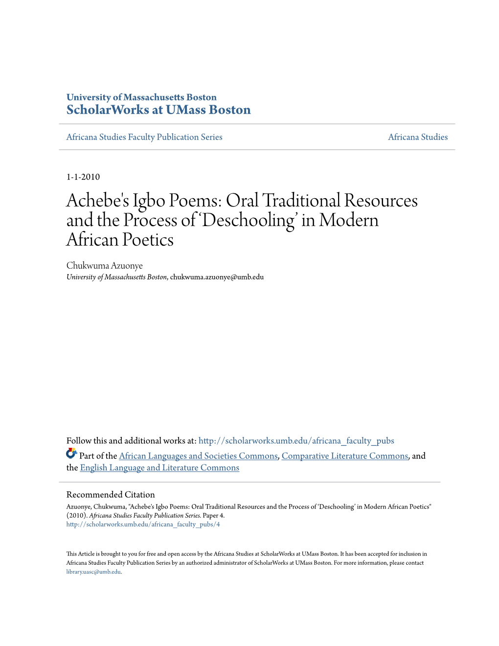 Achebe's Igbo Poems