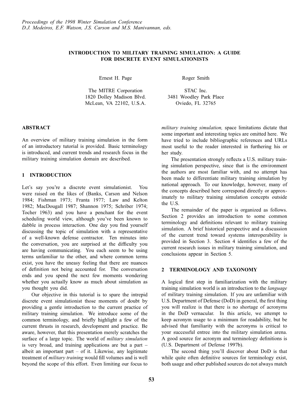 1998: Introduction to Military Training Simulation: a Guide for Discrete Event Simulationists