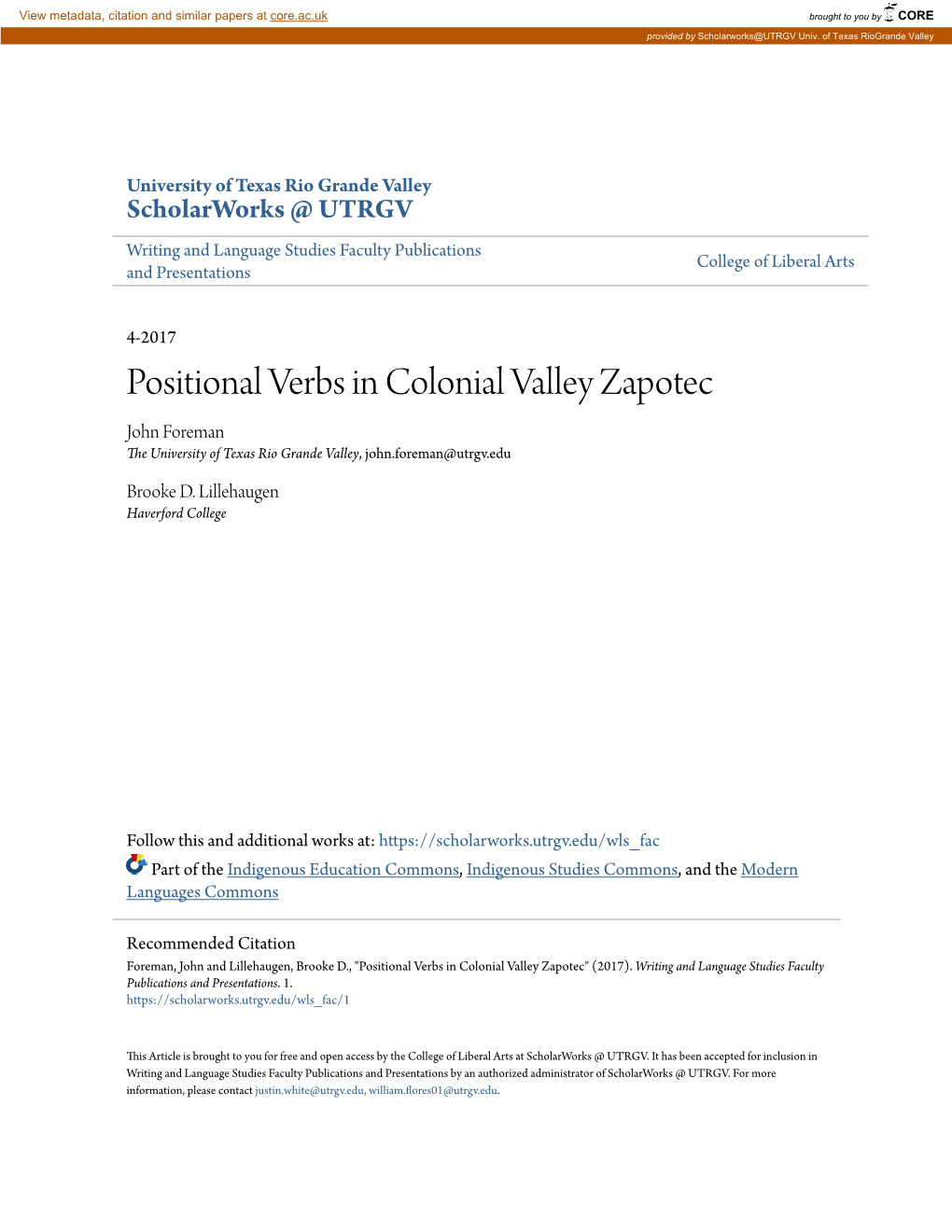 Positional Verbs in Colonial Valley Zapotec John Foreman the University of Texas Rio Grande Valley, John.Foreman@Utrgv.Edu