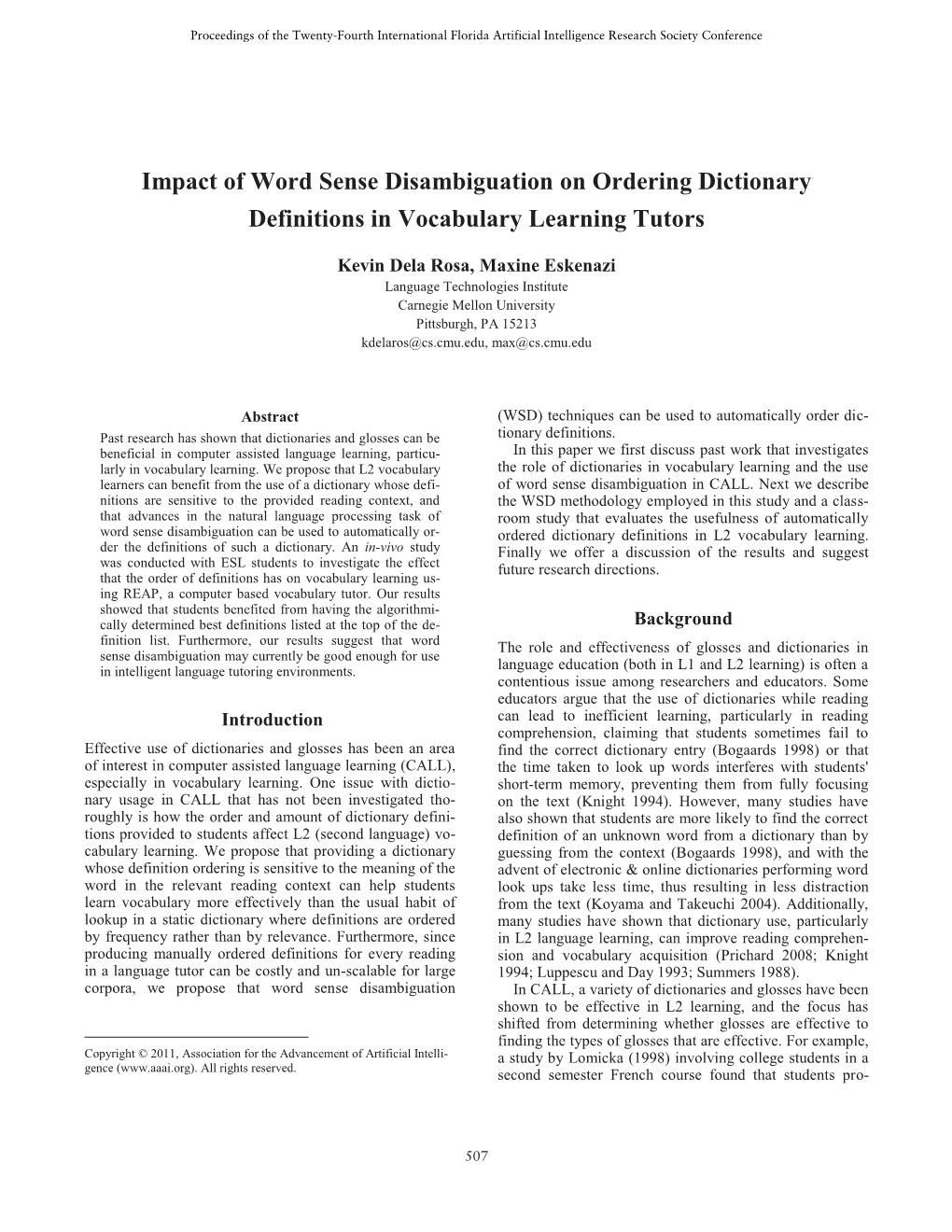 Impact of Word Sense Disambiguation on Ordering Dictionary Definitions in Vocabulary Learning Tutors