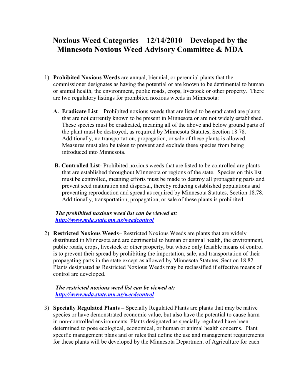 Noxious Weed Categories – 12/14/2010 – Developed by the Minnesota Noxious Weed Advisory Committee & MDA