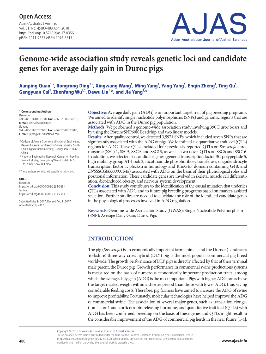 Genome-Wide Association Study Reveals Genetic Loci and Candidate Genes for Average Daily Gain in Duroc Pigs