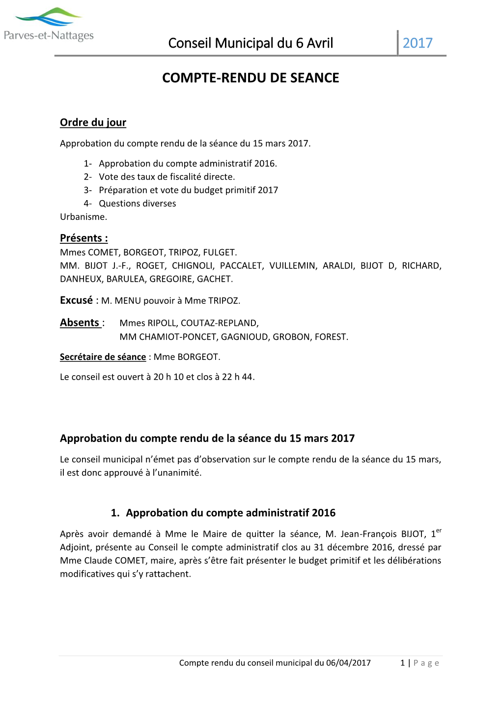 Conseil Municipal Du 6 Avril 2017 COMPTE-RENDU DE SEANCE