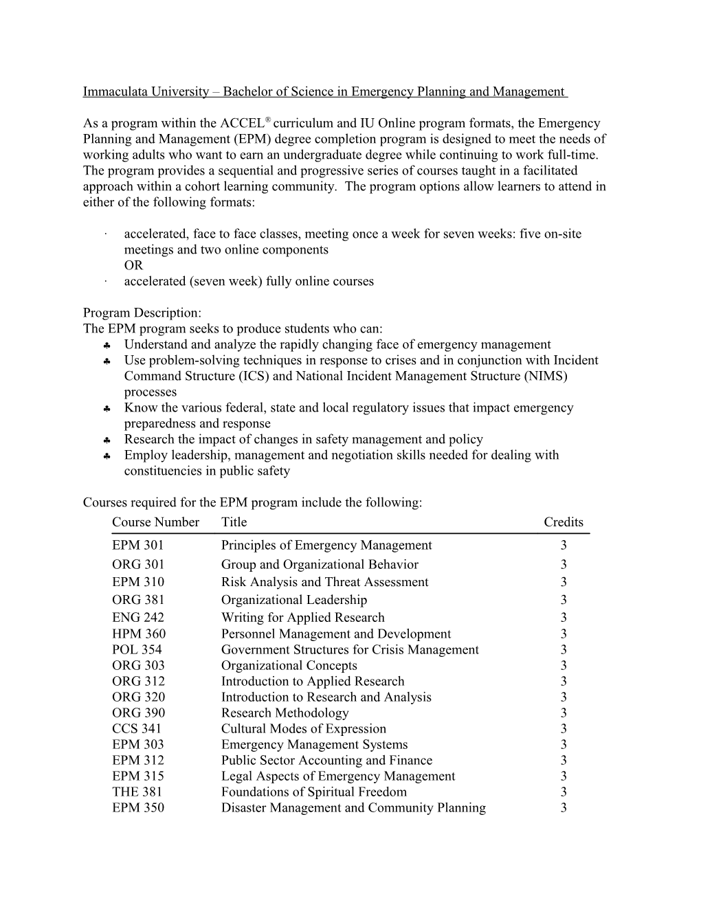 Immaculata University Bachelor of Science in Emergency Planning and Management