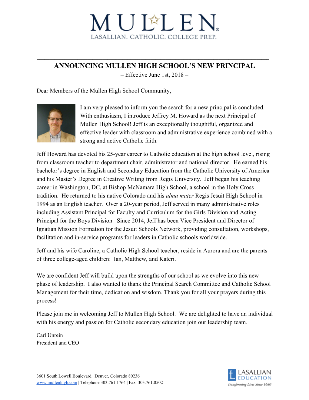 Announcing Mullen High School's New Principal
