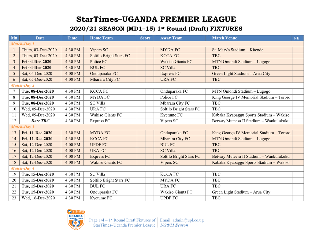 2019-20 Season SUPL Fixtures