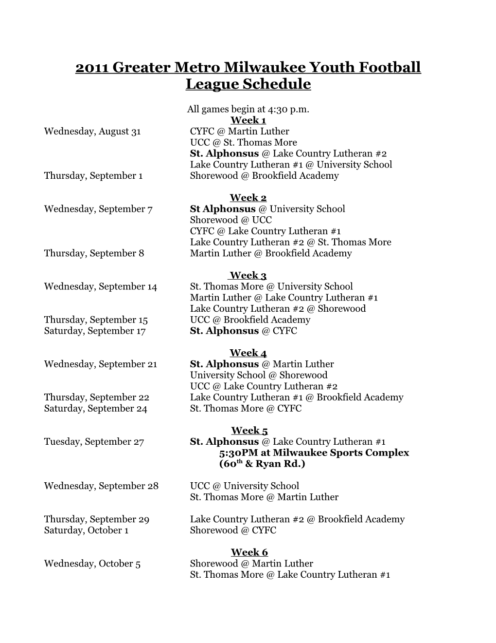 2011 Greater Metro Milwaukee Youth Football League Schedule