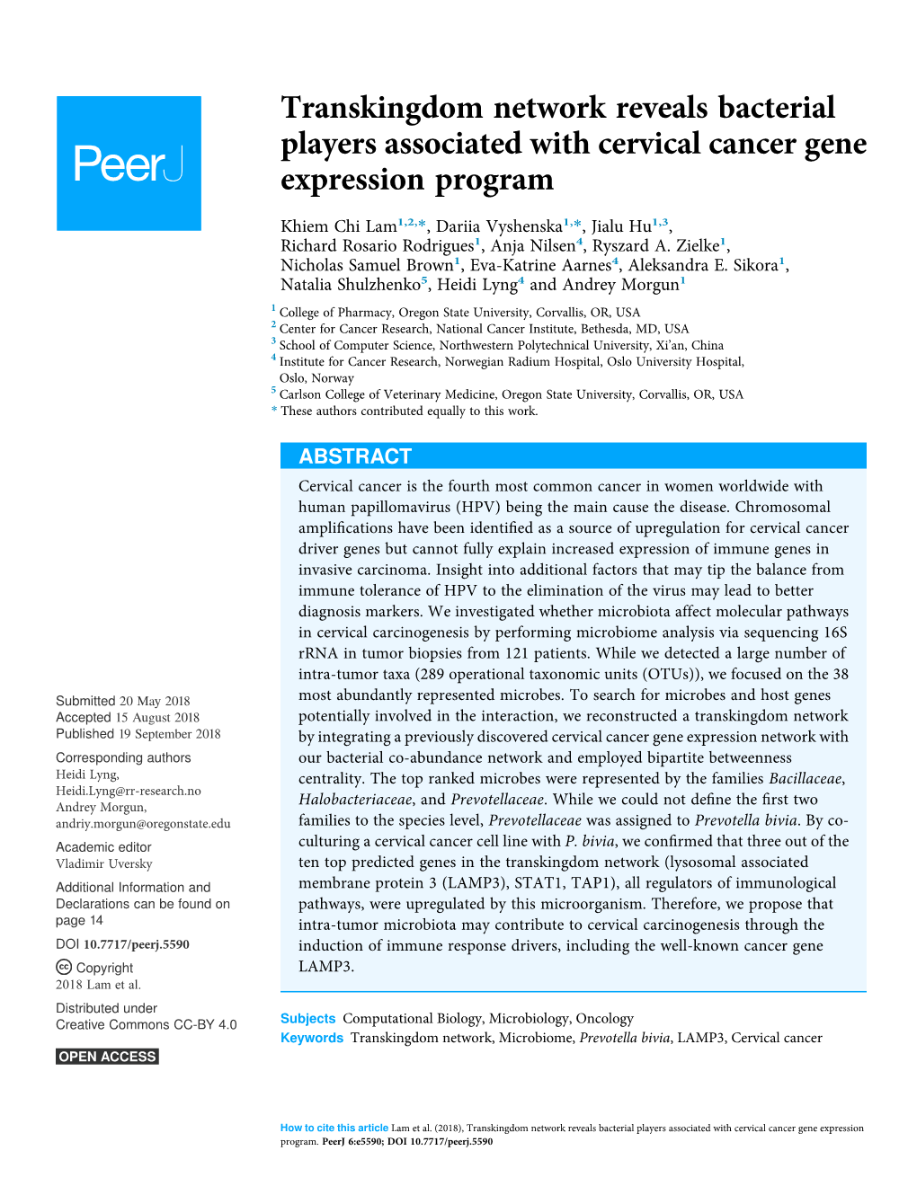 Transkingdom Network Reveals Bacterial Players Associated with Cervical Cancer Gene Expression Program