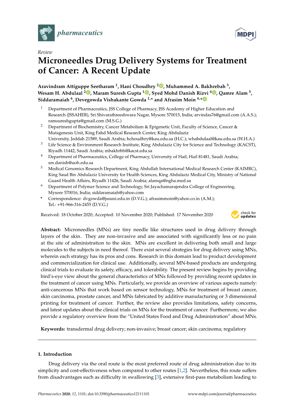 Microneedles Drug Delivery Systems for Treatment of Cancer: a Recent Update