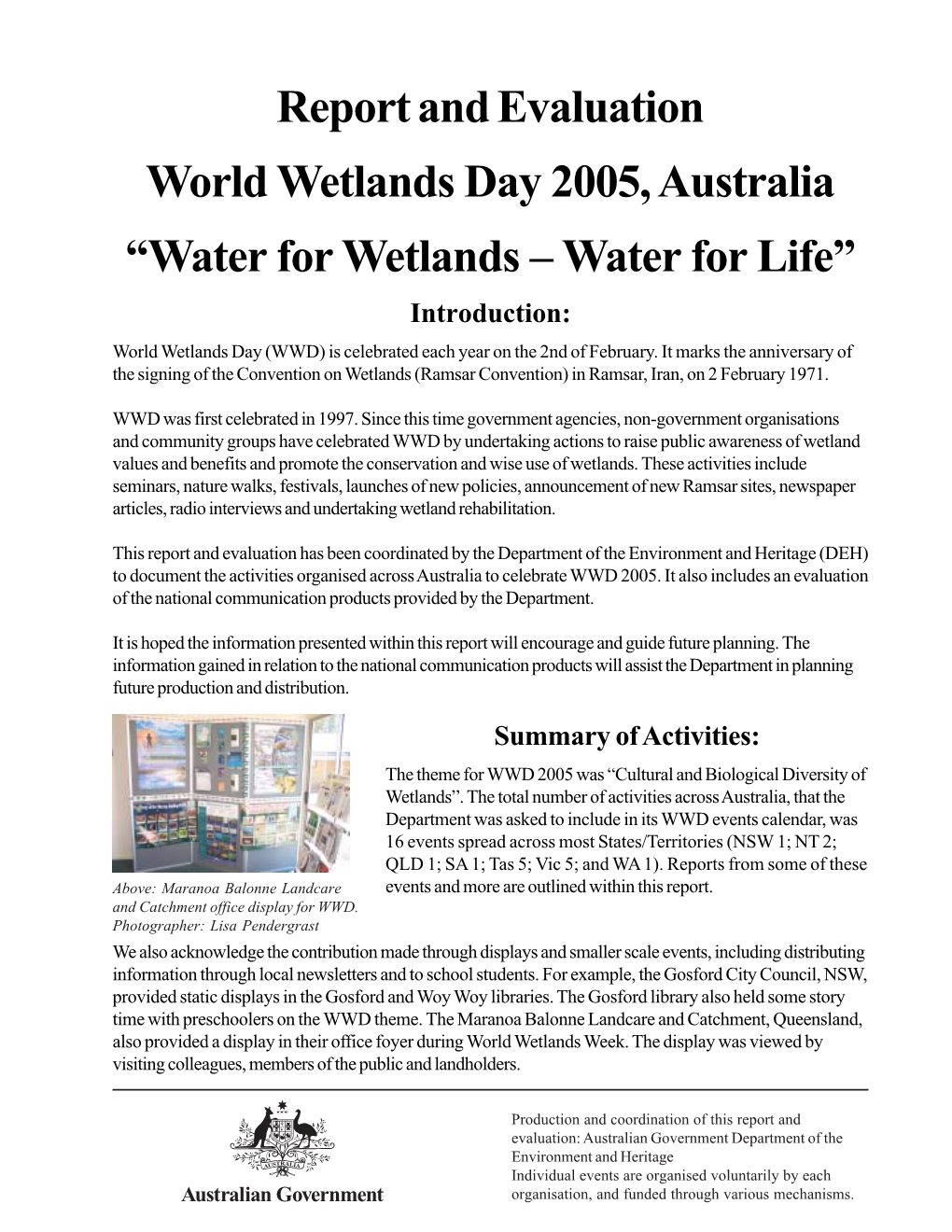 Report and Evaluation World Wetlands Day 2005, Australia